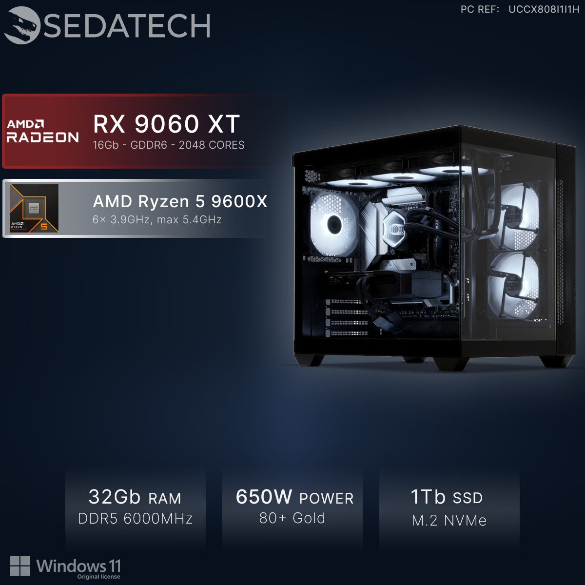 PC gaming Sedatech con AMD Ryzen 5, RX 9060 XT, 32GB RAM, alimentatore 650W e 1TB SSD su sfondo blu.