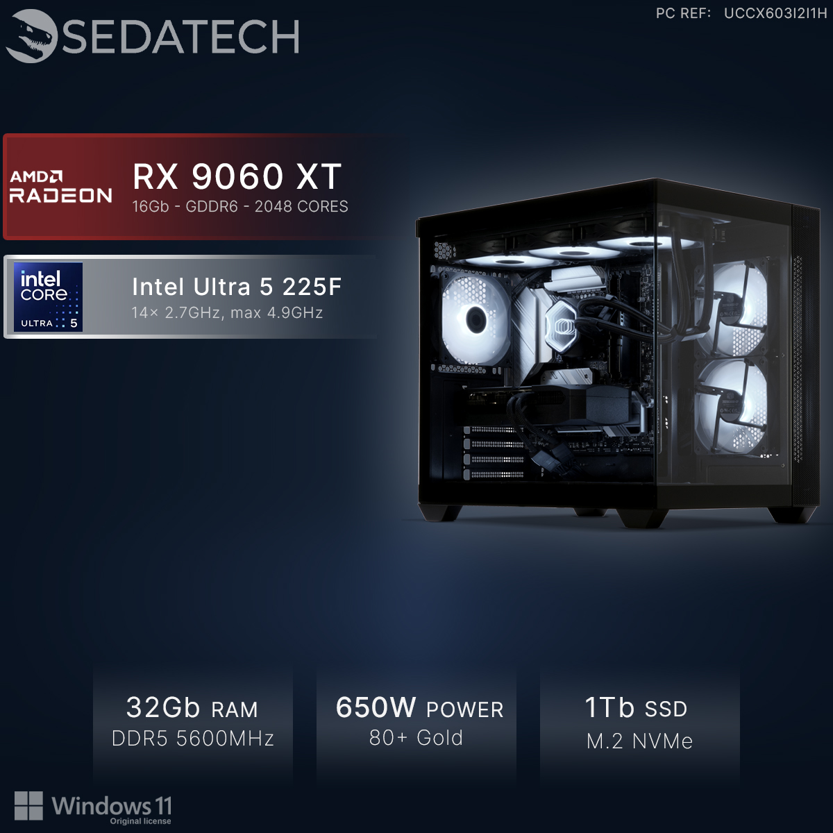 Sedatech Gaming-PC mit Intel Ultra 5, RX 9060 XT, 32GB RAM, 650W Netzteil, 1TB SSD und Windows 11.