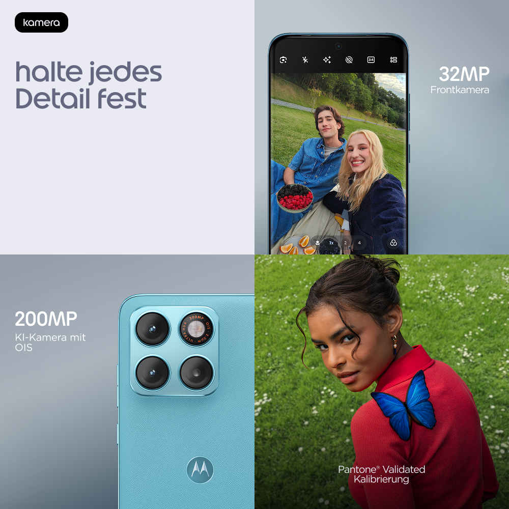 Immagine promozionale a quattro pannelli che mostra uno smartphone blu con fotocamera da 200MP e fotocamera frontale da 32MP.
