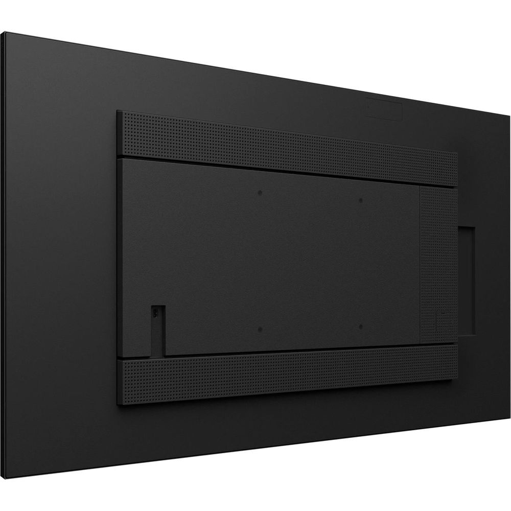 Un moniteur plat noir vu de dos, montrant un panneau de montage rectangulaire texturé.