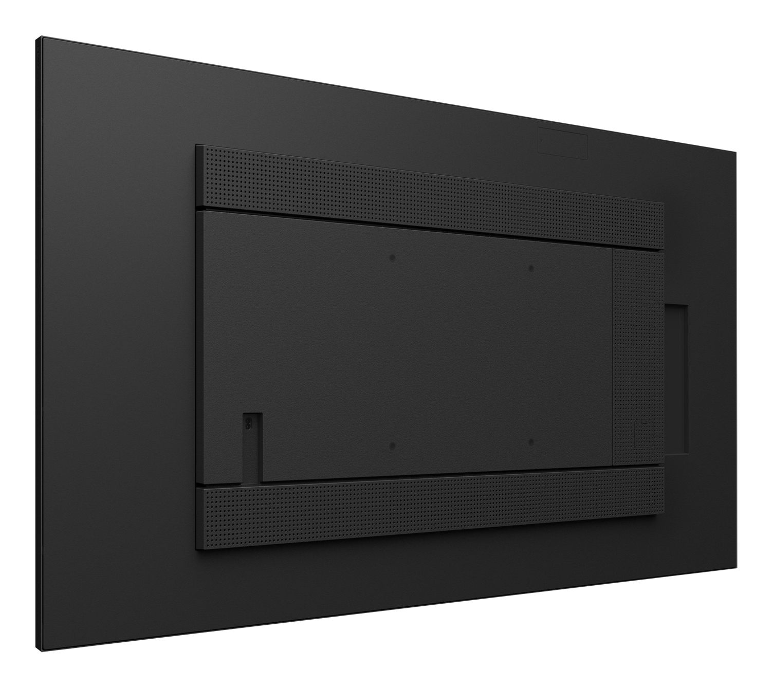 Vue arrière d'un moniteur noir avec panneau central texturé et bandes de haut-parleurs perforées sur fond blanc.