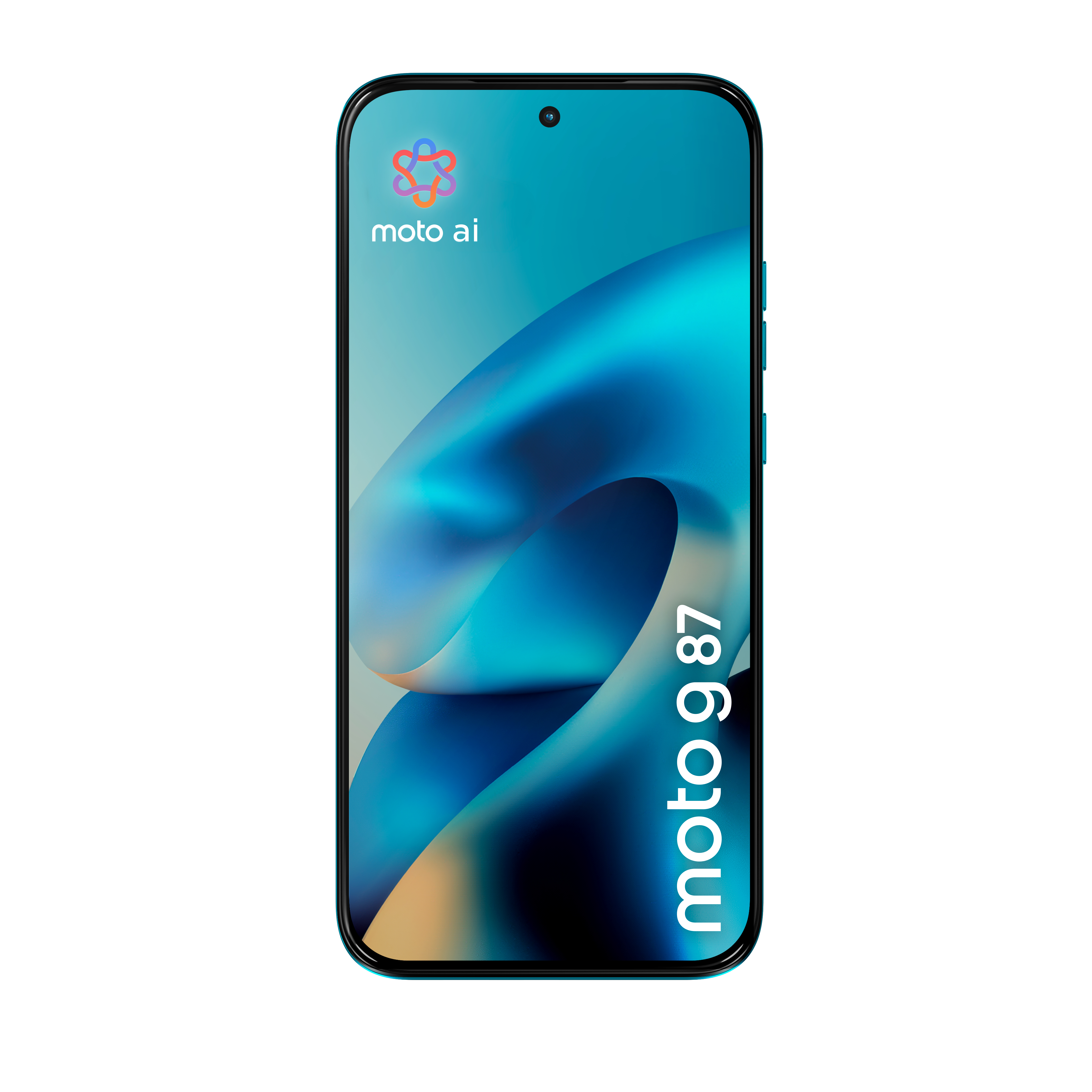 Vista frontale di uno smartphone Motorola blu con grafica astratta e testo moto g 87 e moto ai.