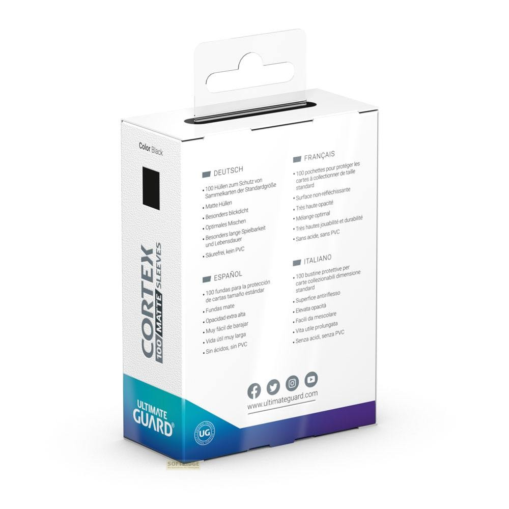 Dos d'une boîte de cartes noire Ultimate Guard Cortex Sleeves avec des informations multilingues.