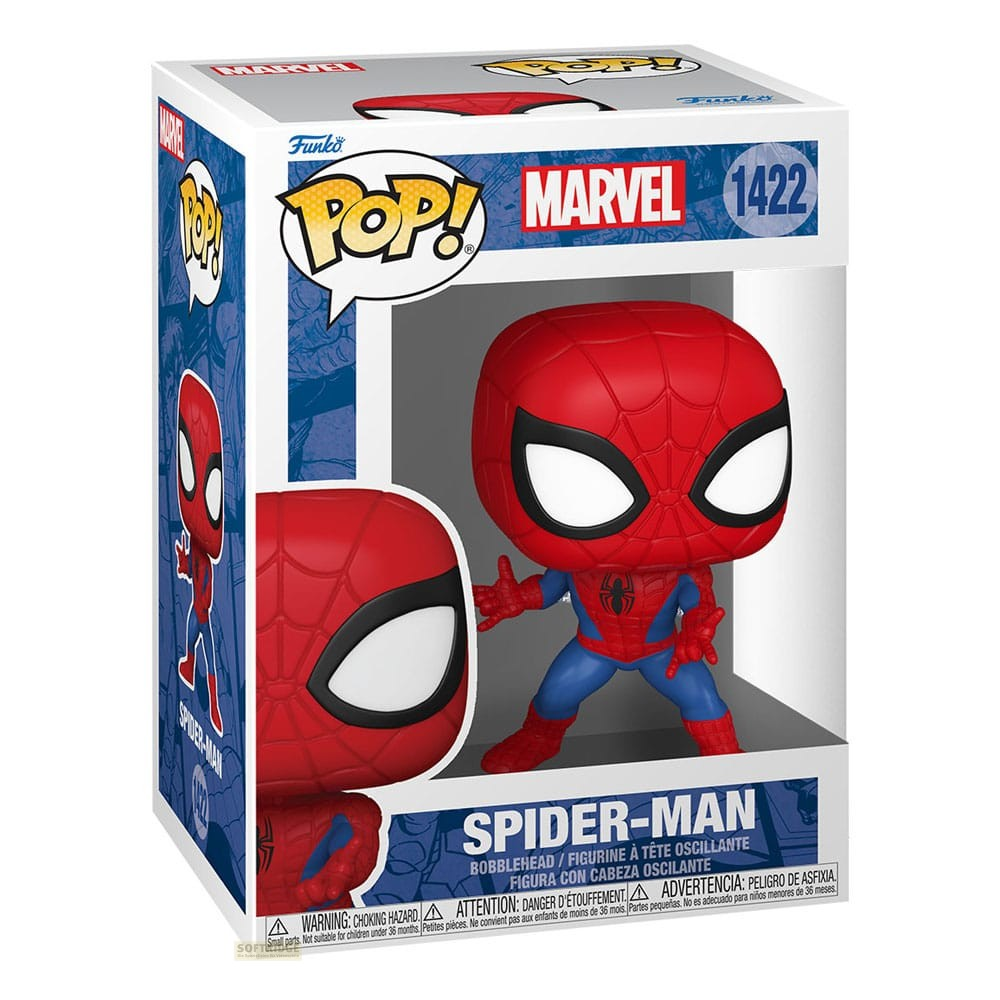 Figura cabezona Funko Pop de Marvel Spider-Man dentro de su caja de embalaje.