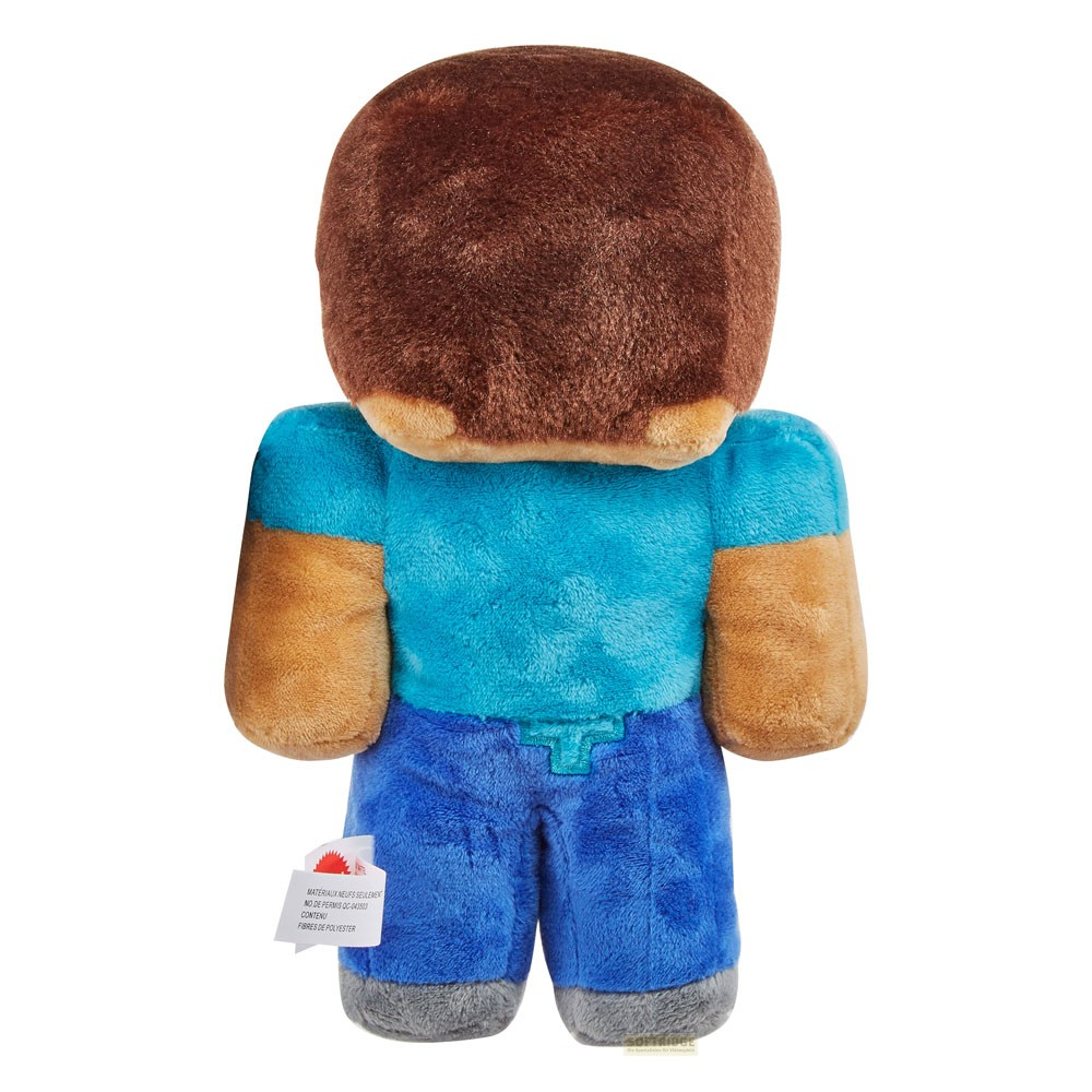Ein Stofftier von Steve aus Minecraft von hinten gesehen, mit braunen Haaren, einem blauen Shirt und blauen Hosen.