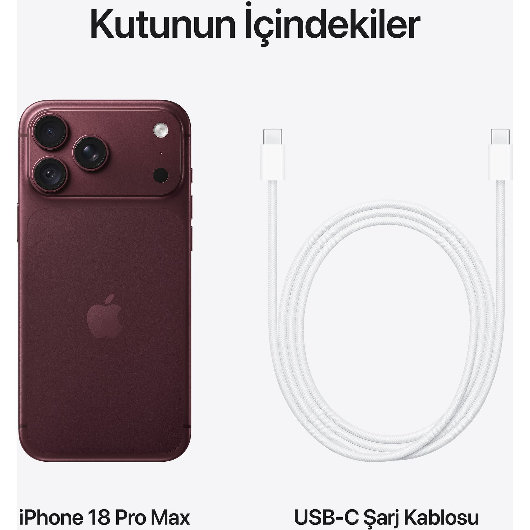 Bordo renkli bir akıllı telefon ve açık gri arka planda kıvrılmış beyaz USB-C şarj kablosu.