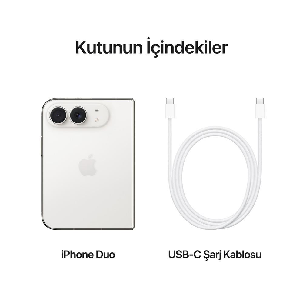 Beyaz arkaplanda iPhone Duo ve USB-C şarj kablosunu gösteren kutu içeriği.