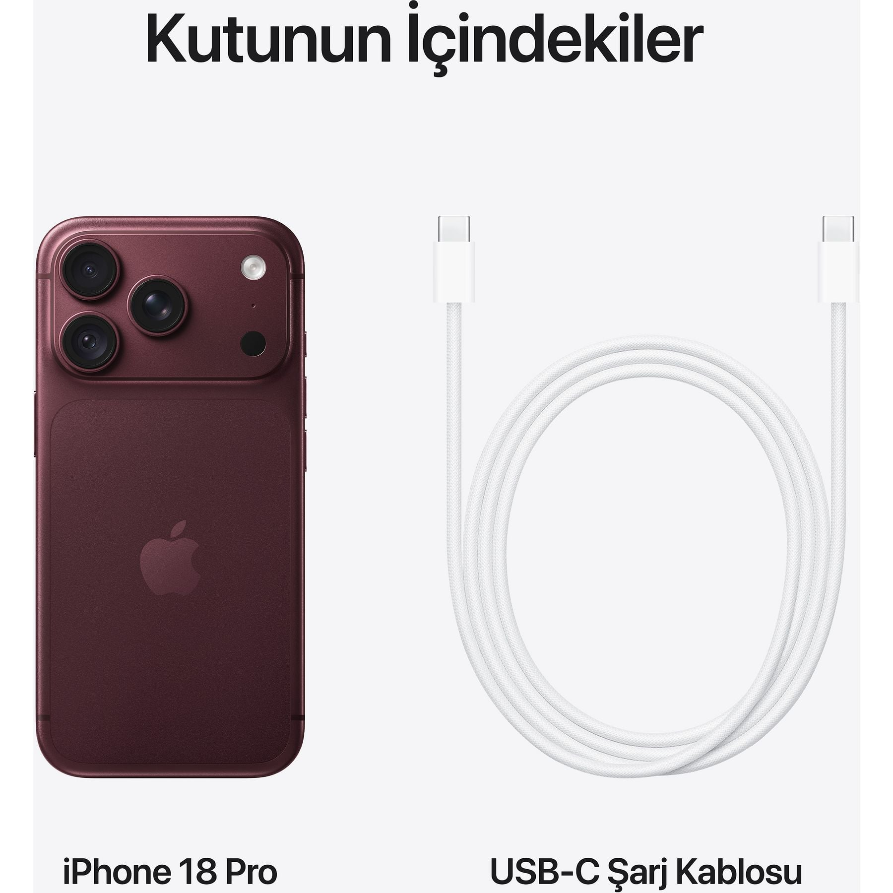 Açık arka planda bordo renkli bir iPhone 18 Pro ve beyaz USB-C şarj kablosu.