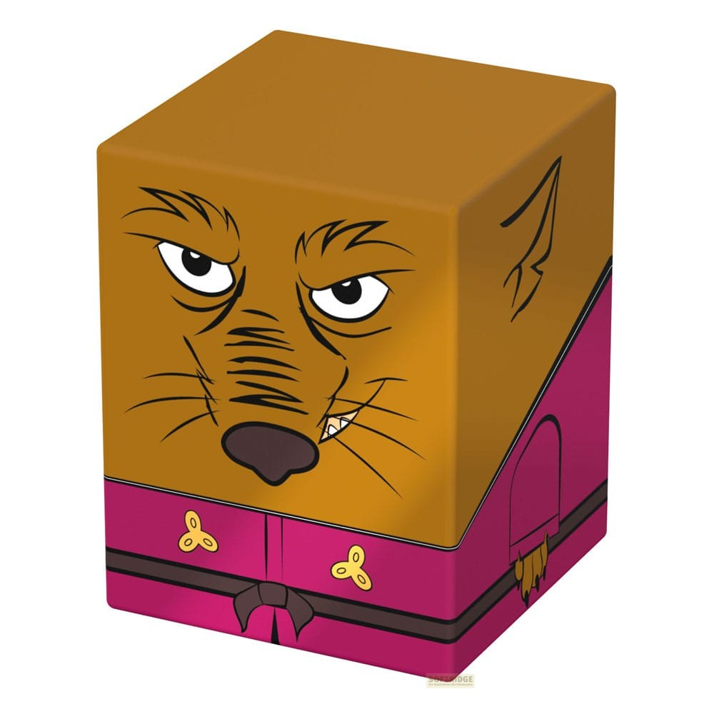 Un cube marron avec un visage de loup de dessin animé et des vêtements roses.