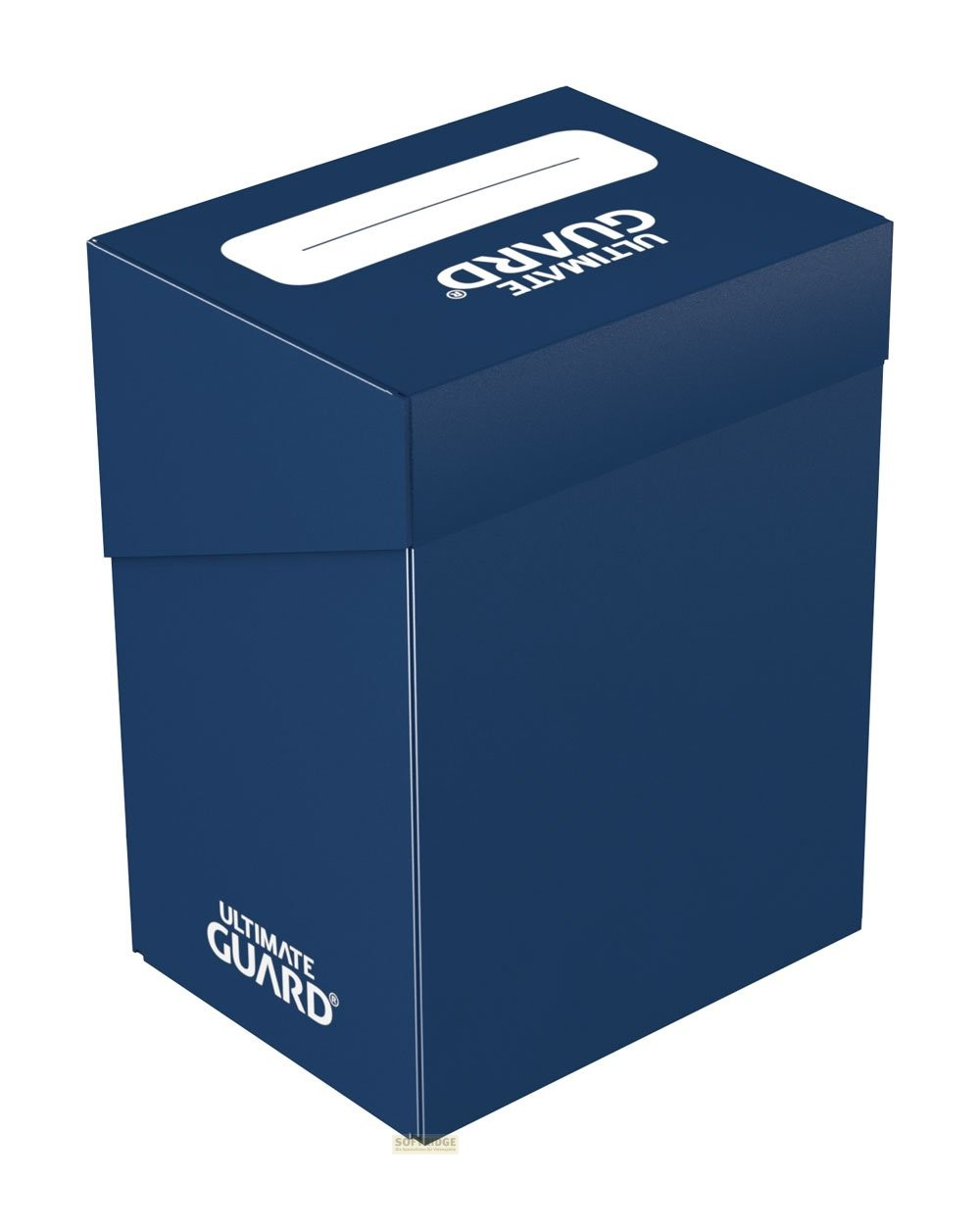 Une boîte de jeu en carton Ultimate Guard bleue avec du texte blanc sur fond blanc.