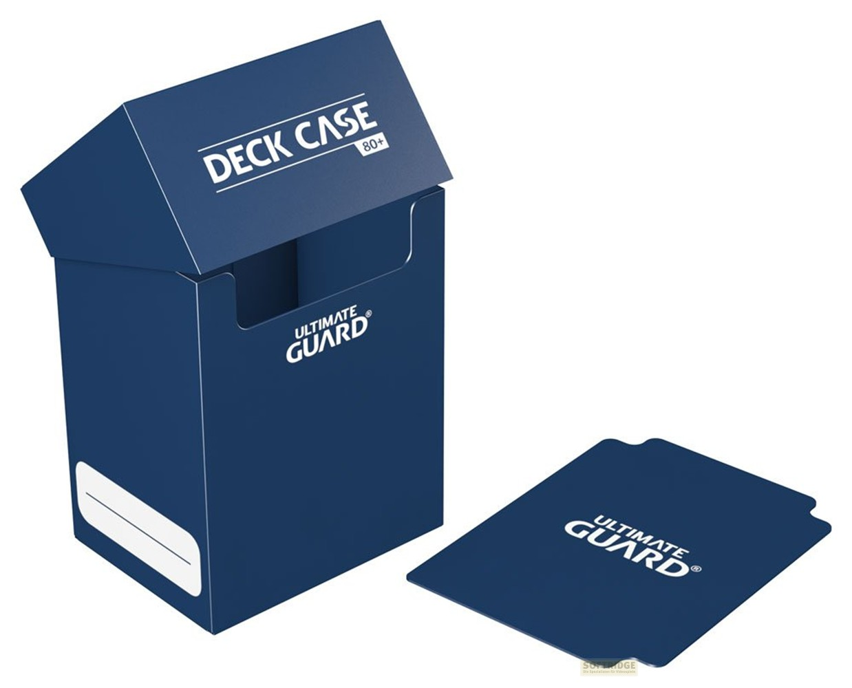 Un étui de cartes bleu Ultimate Guard Deck Case 80+ ouvert avec une carte séparatrice.