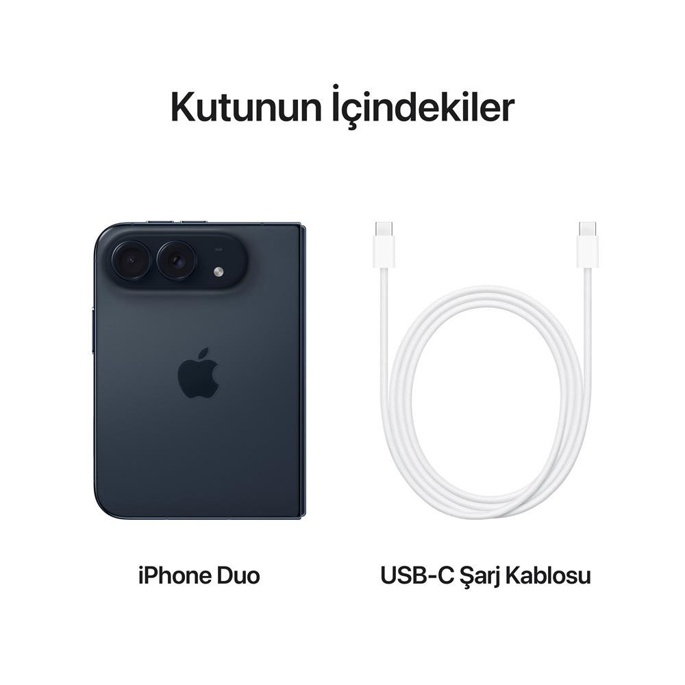 Görsel, kutunun içindekileri koyu mavi bir iPhone Duo ve beyaz bir USB-C şarj kablosu ile gösterir.