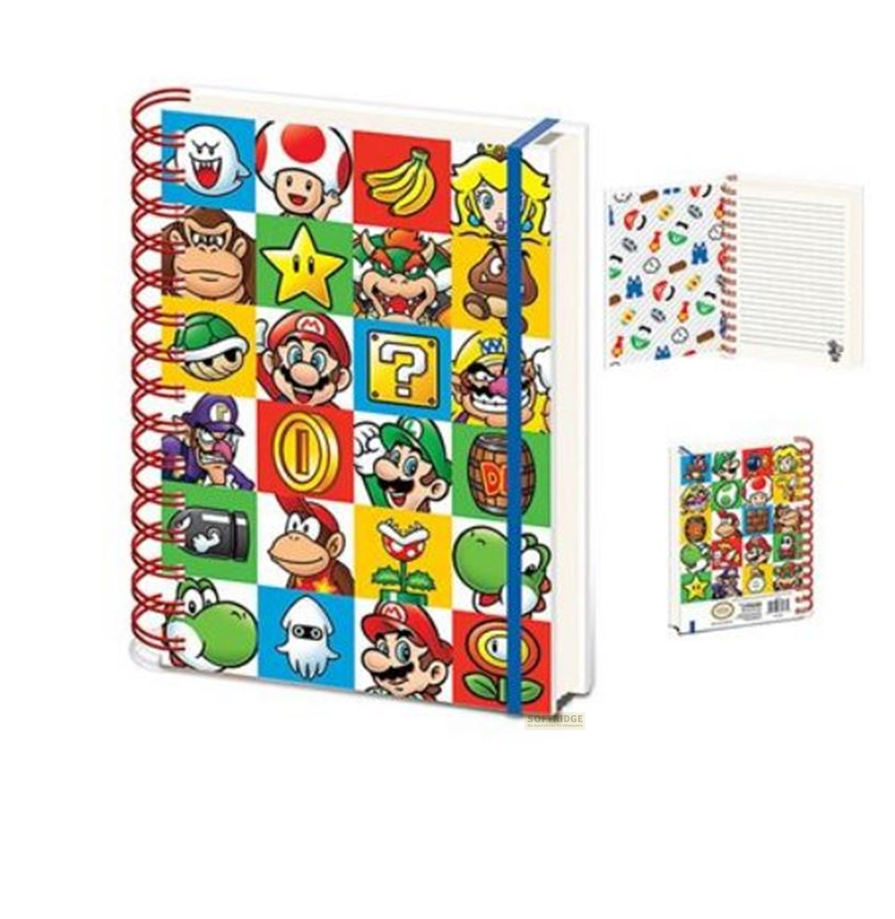 Un quaderno rilegato a spirale con una griglia colorata di personaggi di Super Mario in copertina.