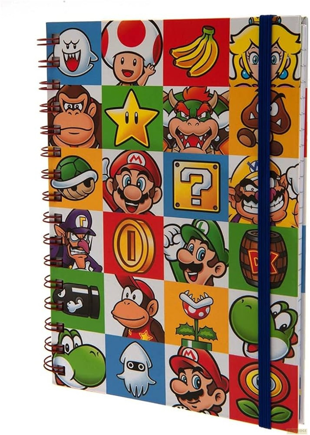 Un quaderno con spirale Mario colorato con personaggi come Mario, Luigi, Bowser e Yoshi in quadrati colorati.