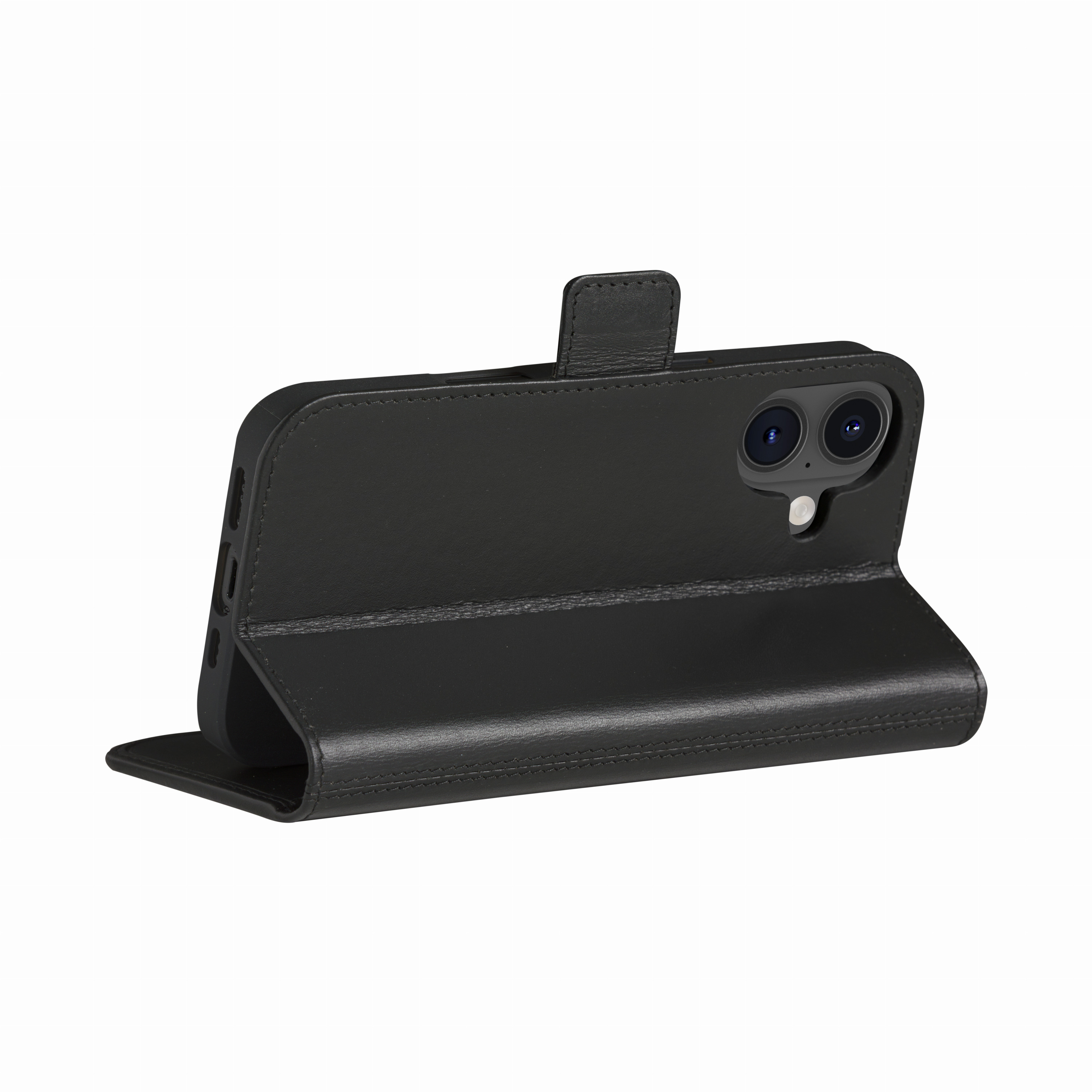 Ein schwarzes Leder-Flip-Case für Smartphones zeigt die Rückseite mit zwei Kameralinsen auf weißem Hintergrund.