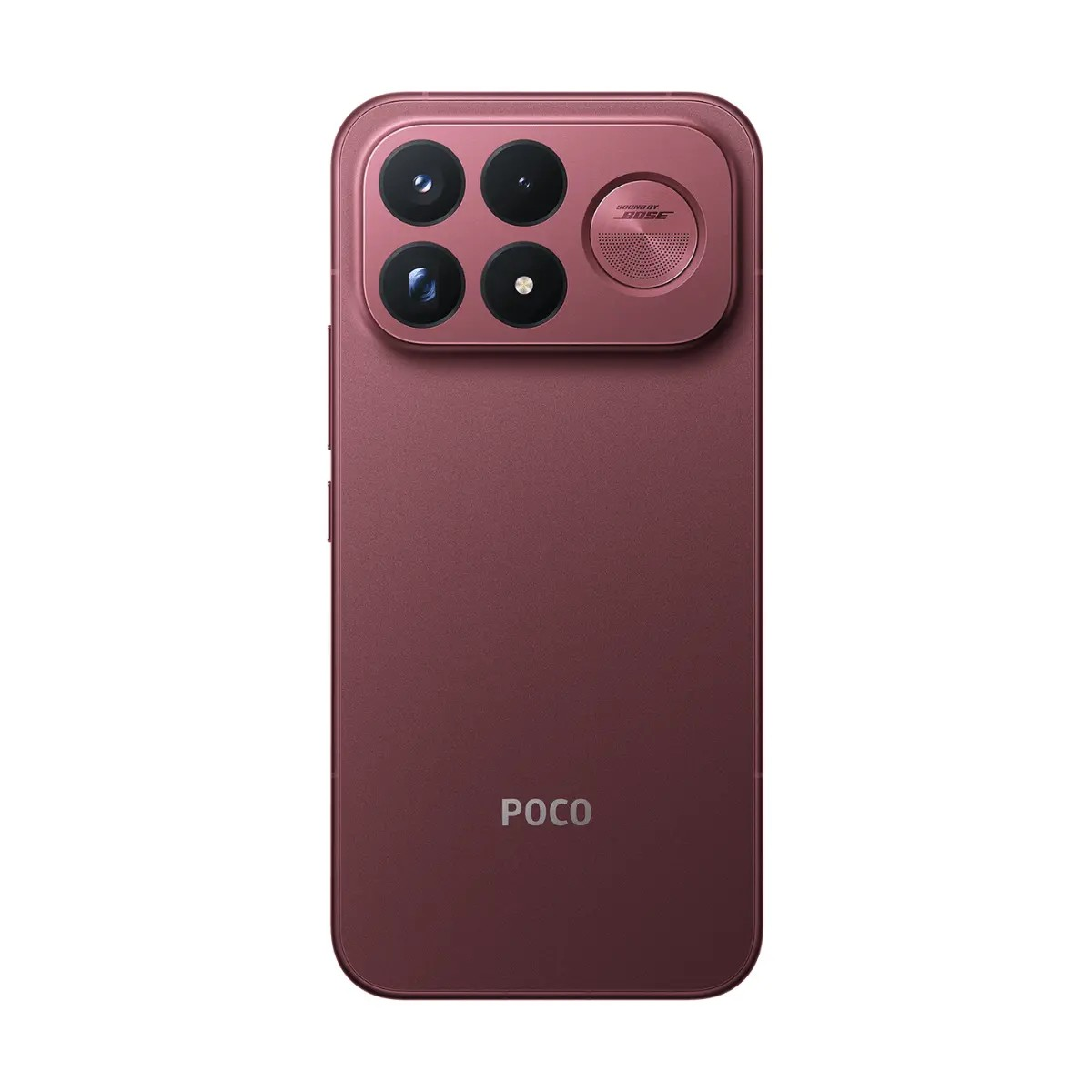 Retro di uno smartphone rosso con quattro obiettivi fotografici, una griglia per altoparlante e il logo POCO.