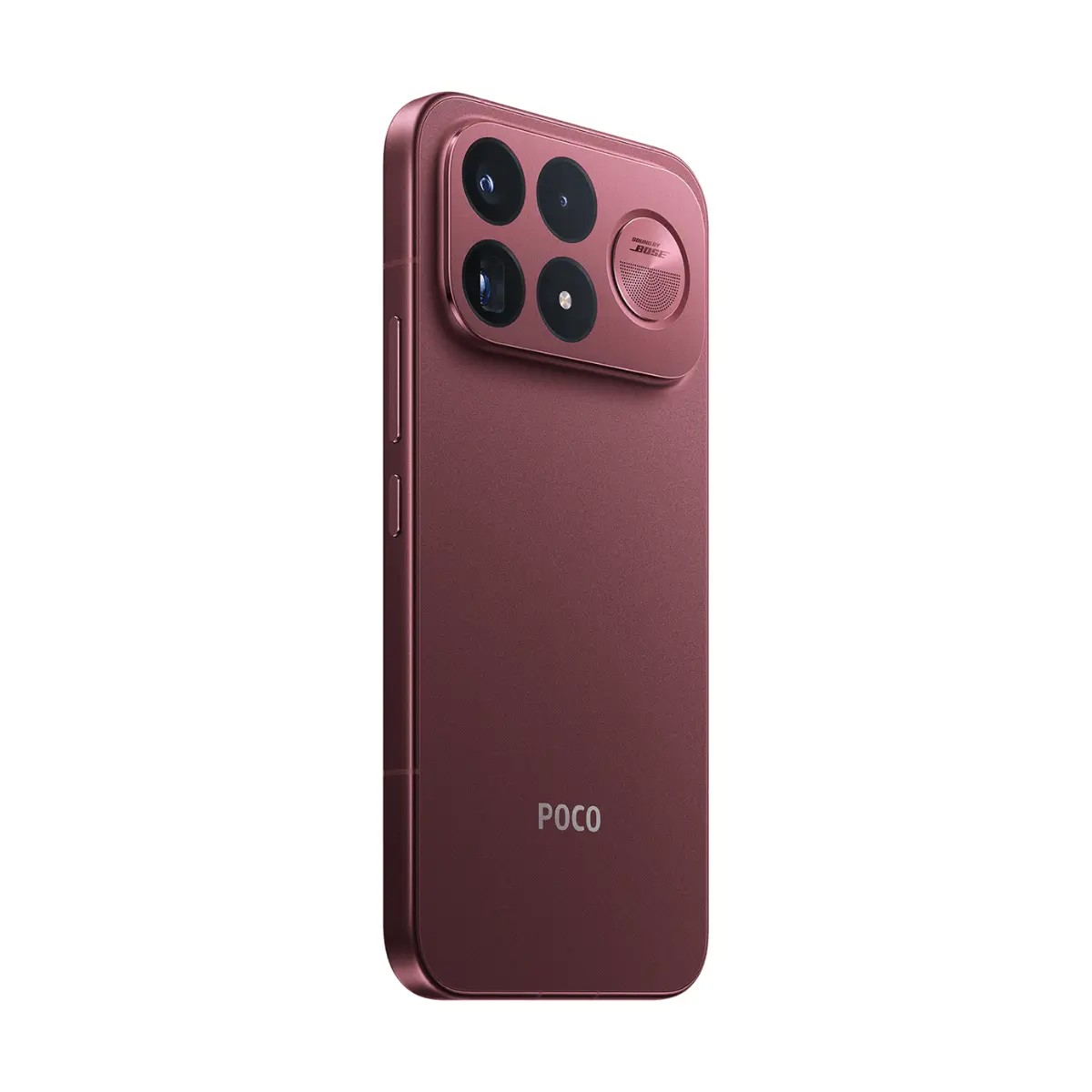Retro di uno smartphone rosso con quattro moduli fotocamera e un altoparlante Bose rotondo.