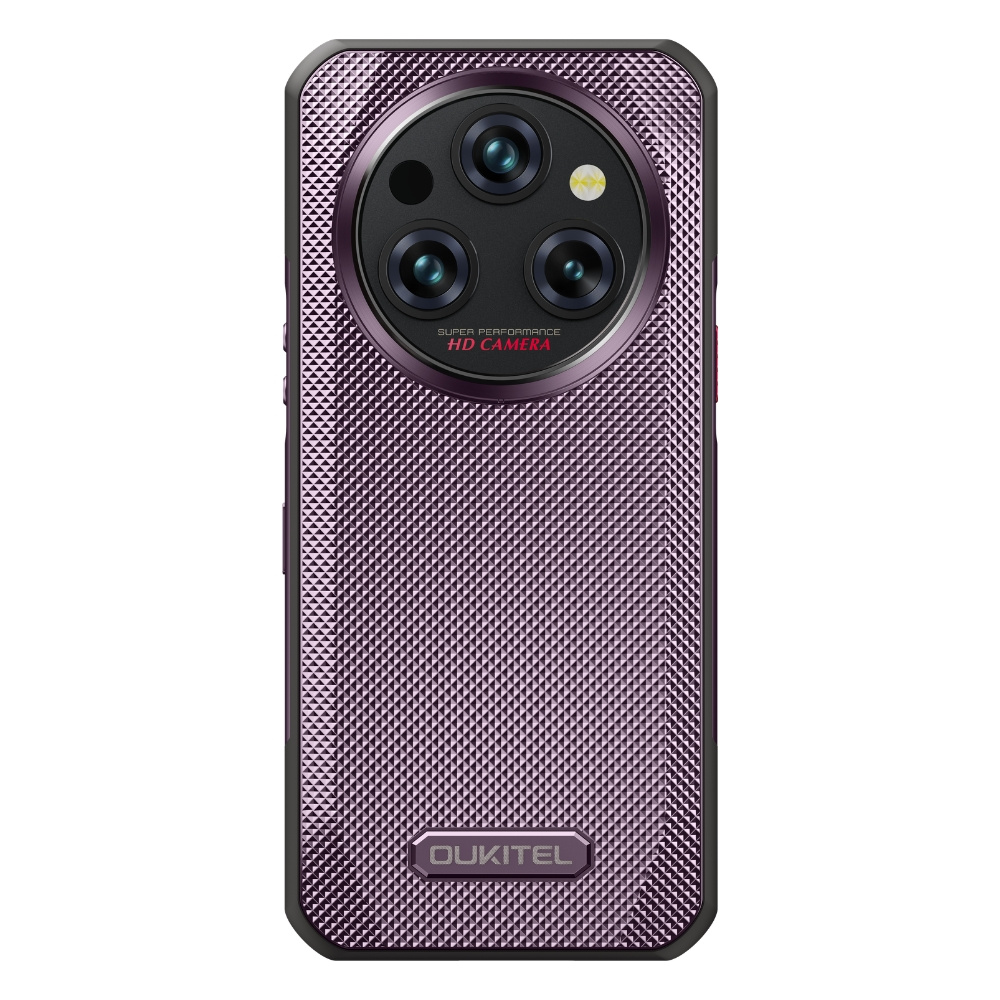 Retro di uno smartphone Oukitel viola con modulo a tripla fotocamera e motivo testurizzato.