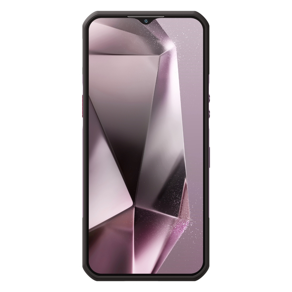 Uno smartphone in una custodia scura mostra uno sfondo geometrico rosa sullo schermo.