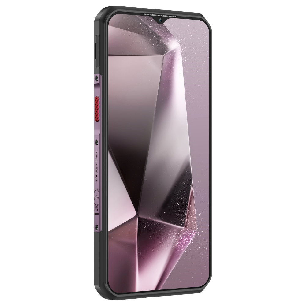 Smartphone in una custodia protettiva robusta con cornice in metallo viola e tasto rosso.