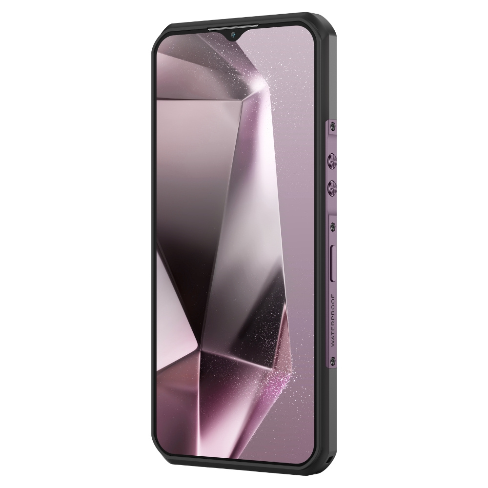 Uno smartphone in una robusta custodia nera con cornice viola mostra uno sfondo astratto rosa.