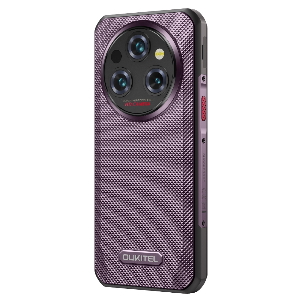 Smartphone viola con retro testurizzato, modulo fotocamera rotondo e logo OUKITEL.