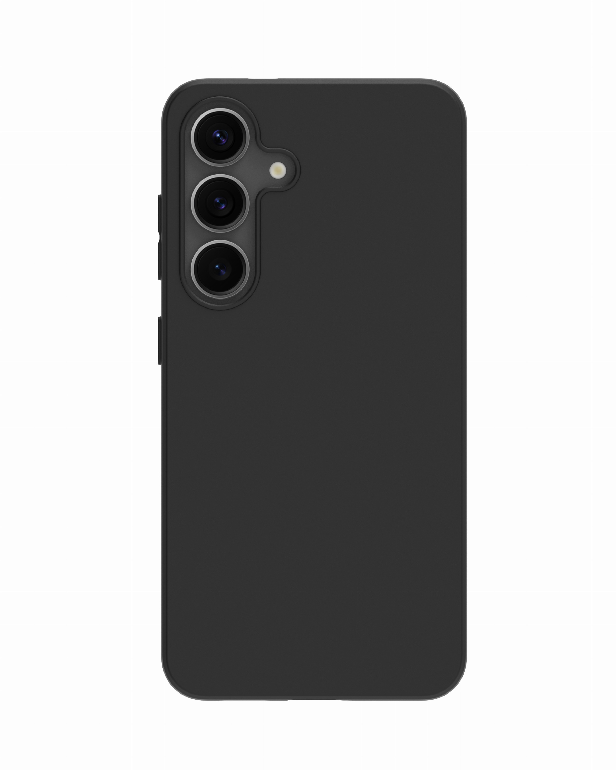 Vista posteriore di uno smartphone nero con tripla fotocamera verticale e flash su sfondo bianco.