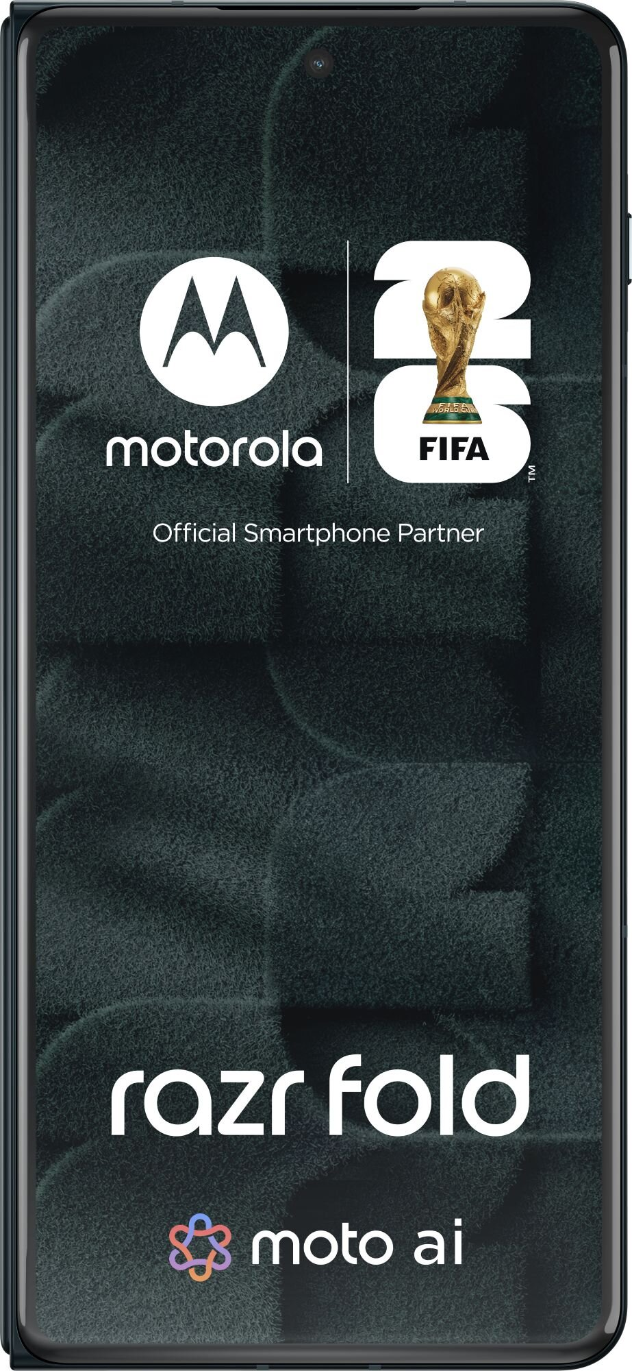 Schermo dello smartphone Motorola Razr Fold con i loghi ufficiali della partnership tra Motorola e la Coppa del Mondo FIFA 26.