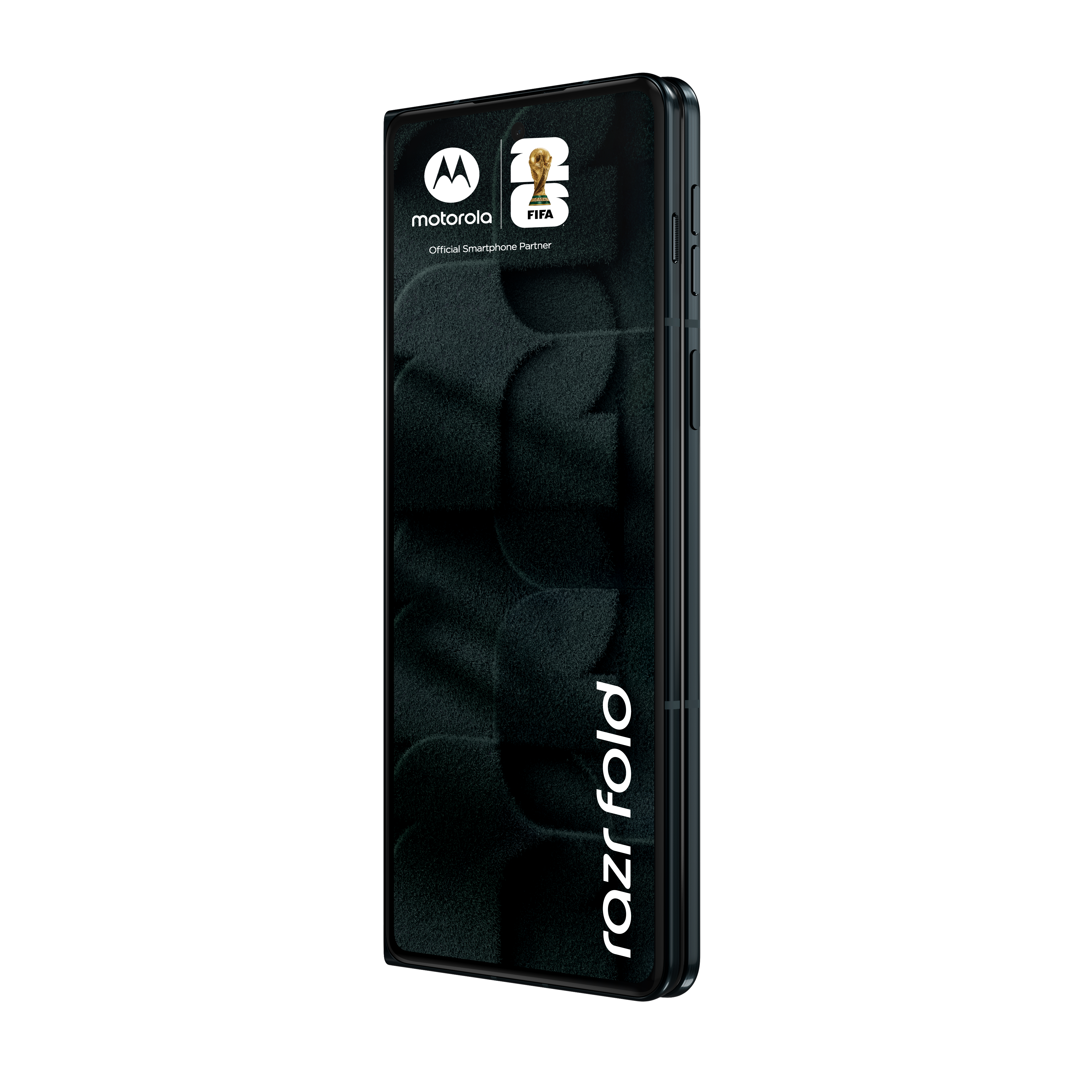 Smartphone Motorola Razr Fold chiuso con loghi Motorola e FIFA sullo schermo scuro, visto di lato.