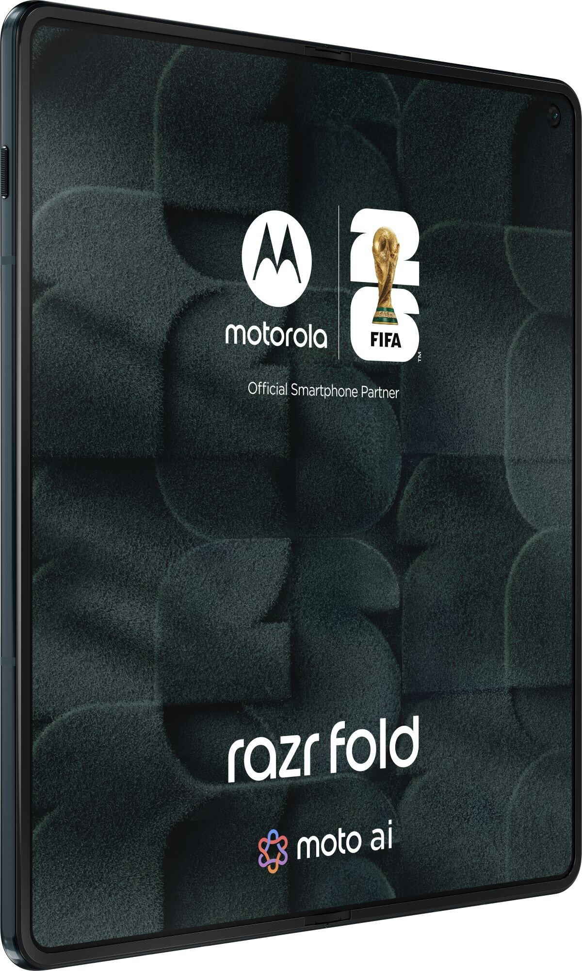 Smartphone Motorola Razr Fold con loghi Motorola e FIFA su sfondo scuro testurizzato.