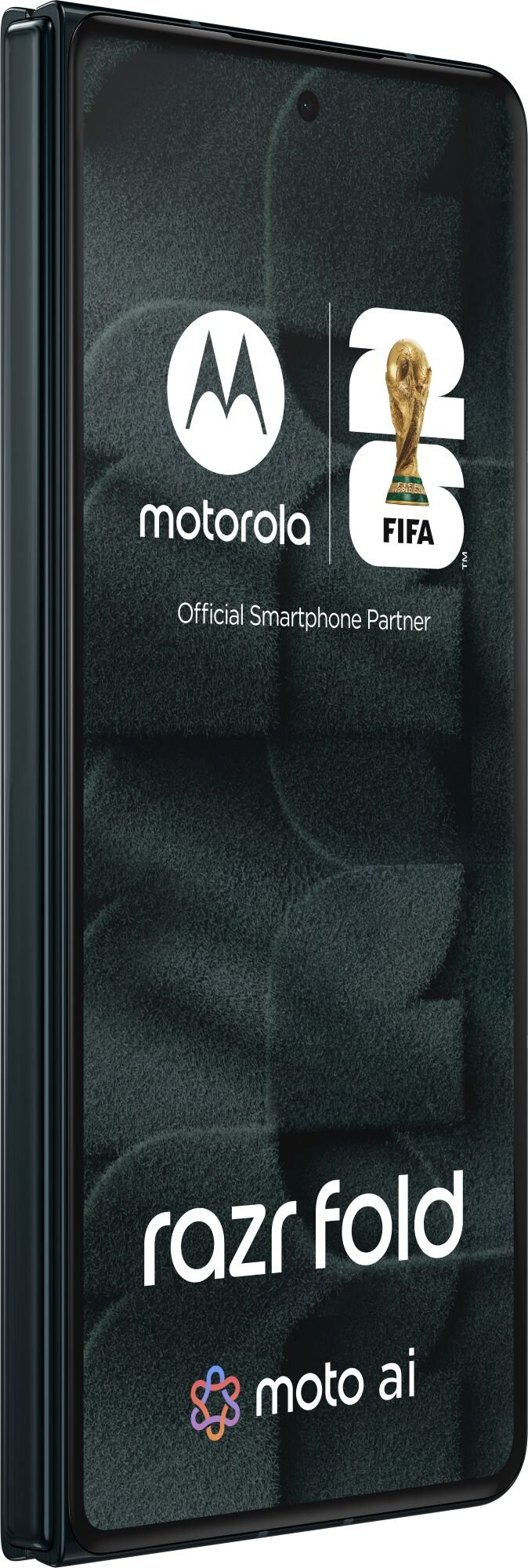 Smartphone Motorola Razr Fold con branding Motorola, partnership FIFA e moto ai.