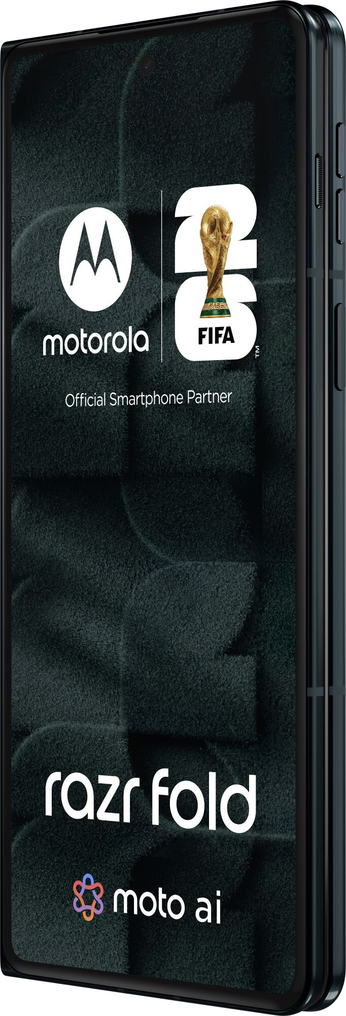 Uno smartphone Motorola Razr Fold mostra i loghi Motorola, FIFA e Moto AI sullo schermo.