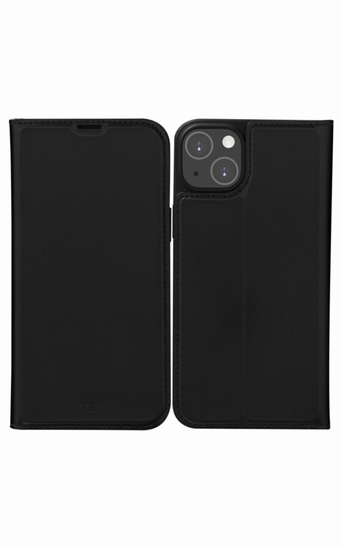 Custodia in pelle nera per smartphone mostrata fronte e retro su sfondo bianco.