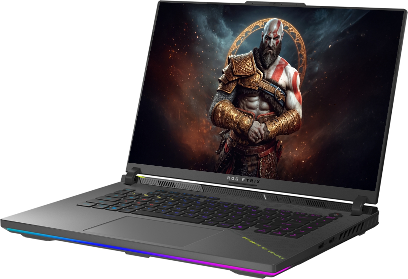 Savaşçı karakteri gösteren açık ekranlı siyah oyuncu dizüstü bilgisayarı ve tabanda RGB aydınlatma.