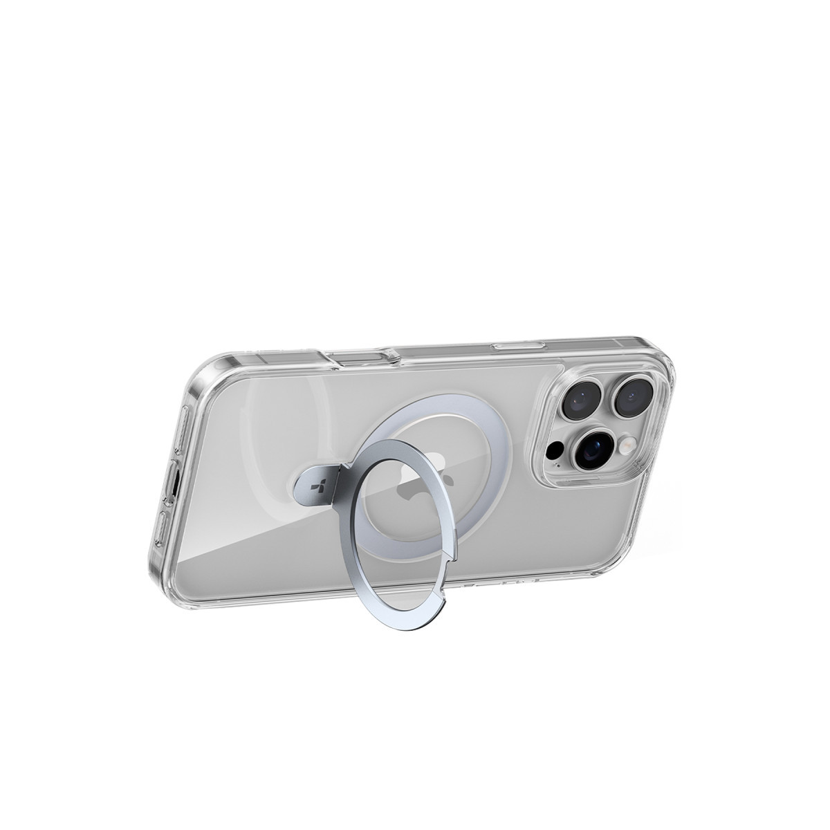 Beyaz arka planda arkasında gümüş renkli halka tutucu olan şeffaf kılıflı bir akıllı telefon.