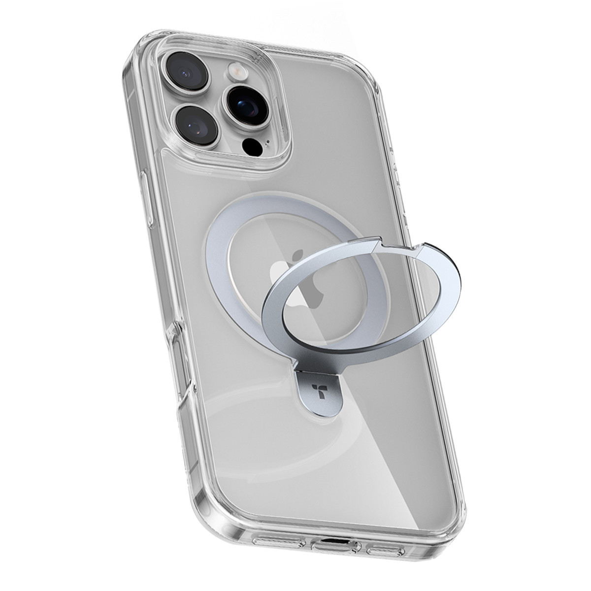 Arkasında manyetik halka standı bulunan şeffaf bir iPhone kılıfı, beyaz arka planda.