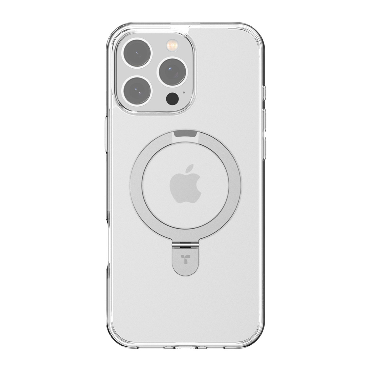 Arkada MagSafe halka standı bulunan şeffaf bir iPhone kılıfı, Apple logosu görünüyor.