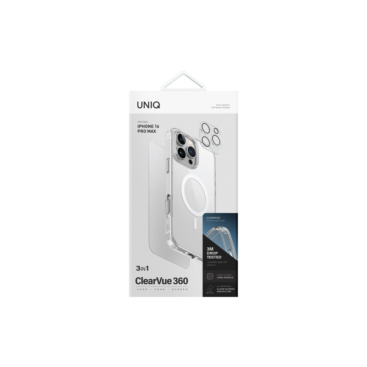 Şeffaf kılıflı iPhone 16 Pro Max için Uniq ClearVue 360 3'ü 1 arada koruma seti ambalajı.