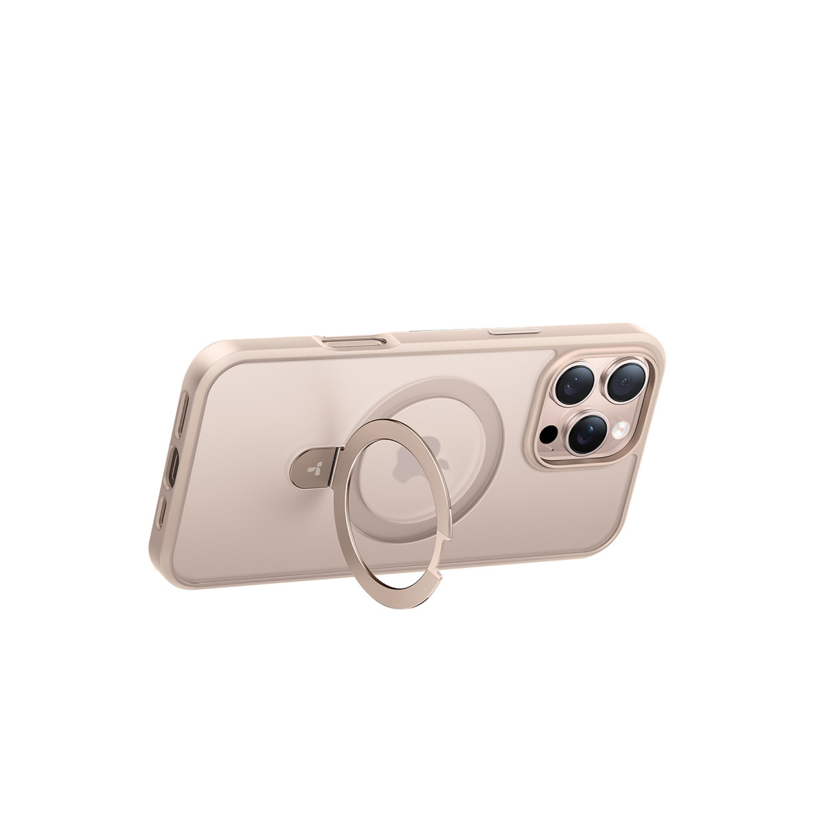 Arkada uzatılmış metal halka standı olan koruyucu kılıflı bej akıllı telefon.