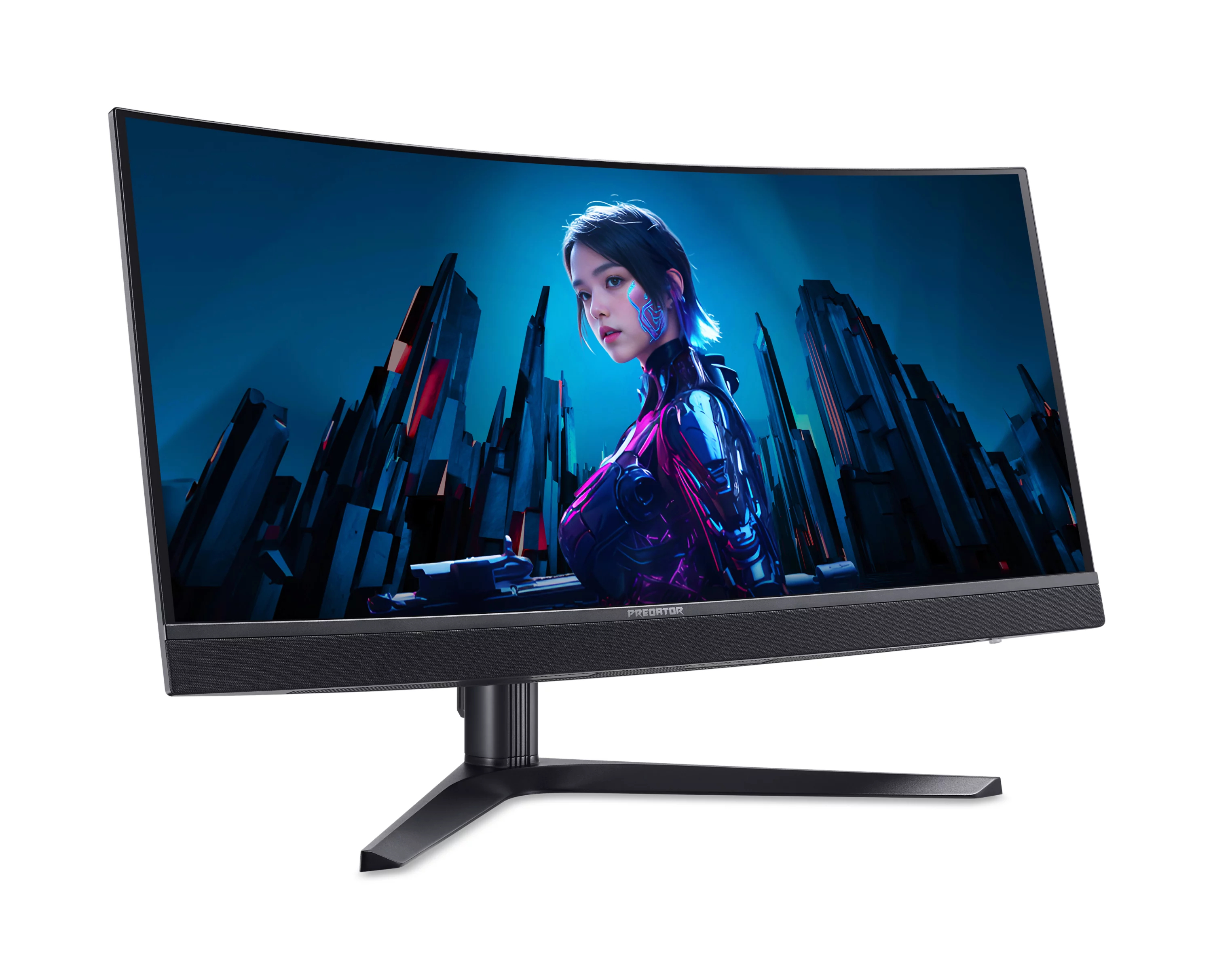 Un monitor da gioco curvo nero mostra una donna futurista su uno sfondo blu di città.