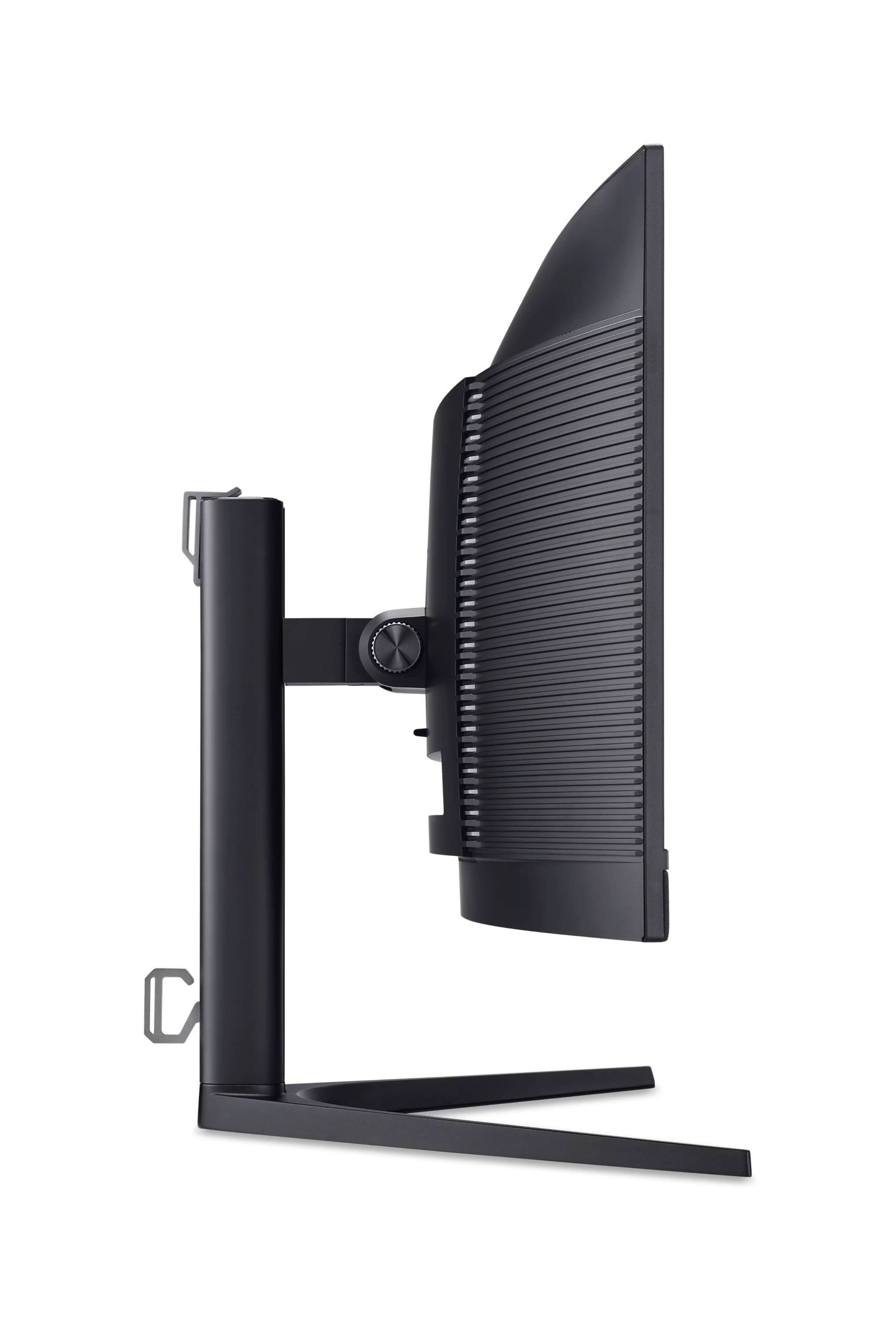 Vista laterale di un monitor curvo nero su supporto con base a V su sfondo bianco.
