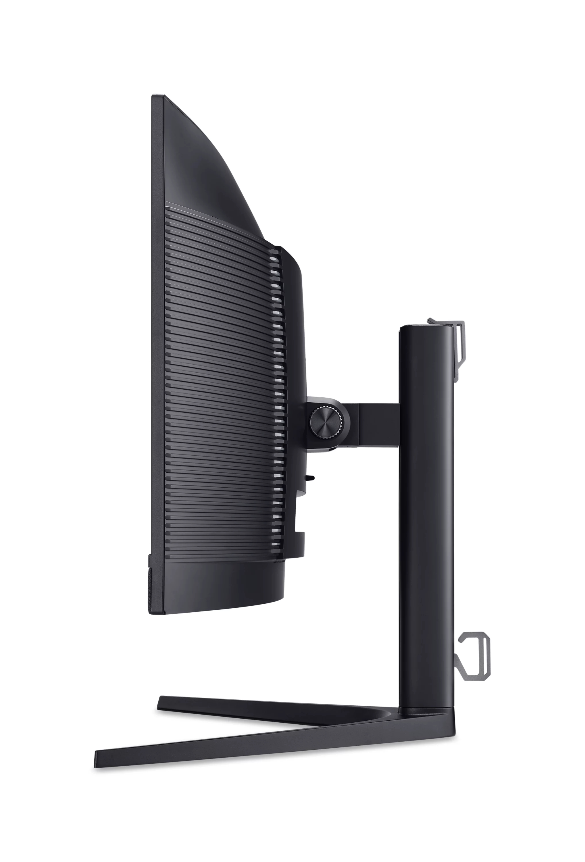 Vista laterale di un monitor per computer nero curvo montato su un supporto regolabile con base a V.