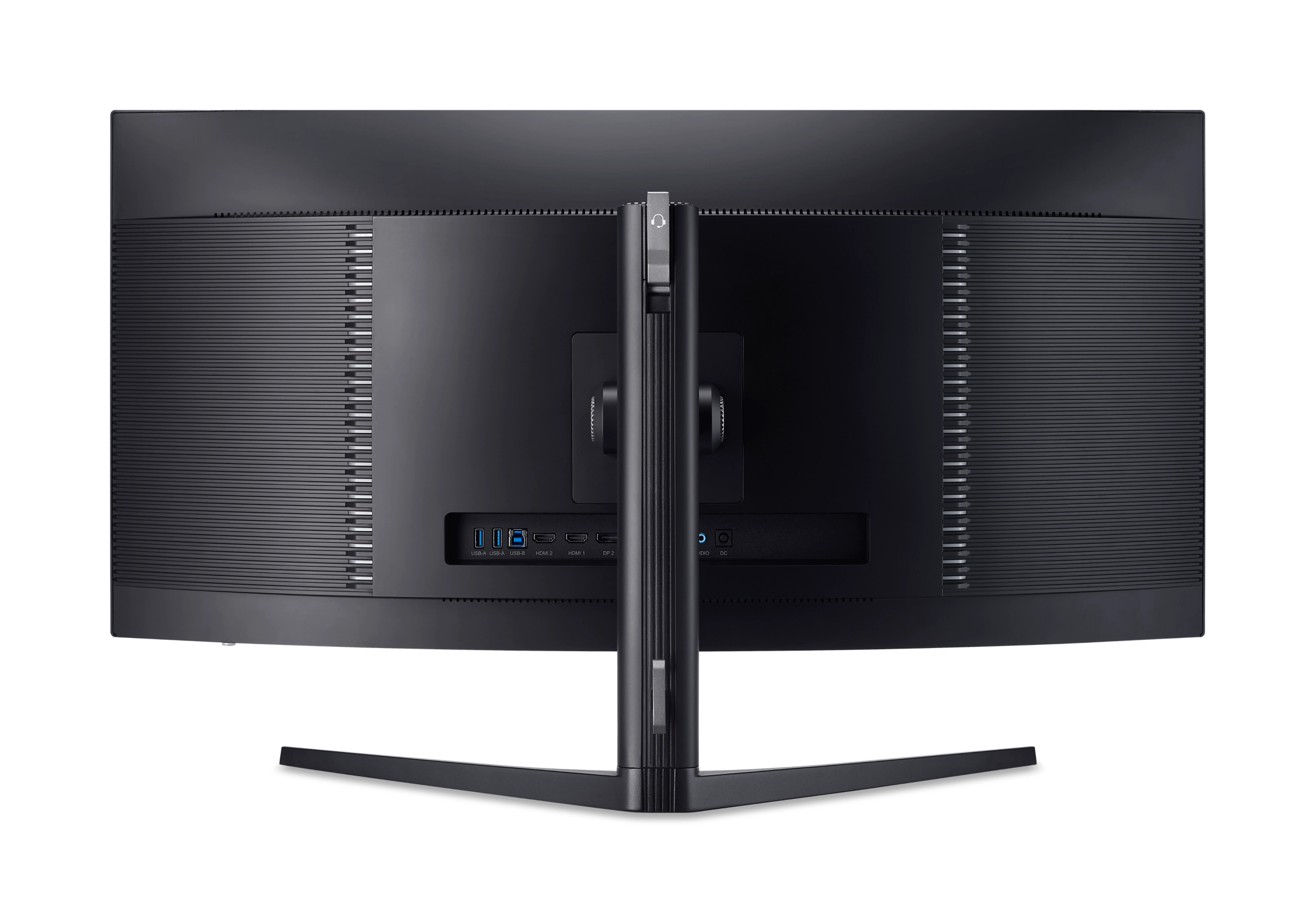 Vista posteriore di un monitor curvo nero con supporto e porte visibili.
