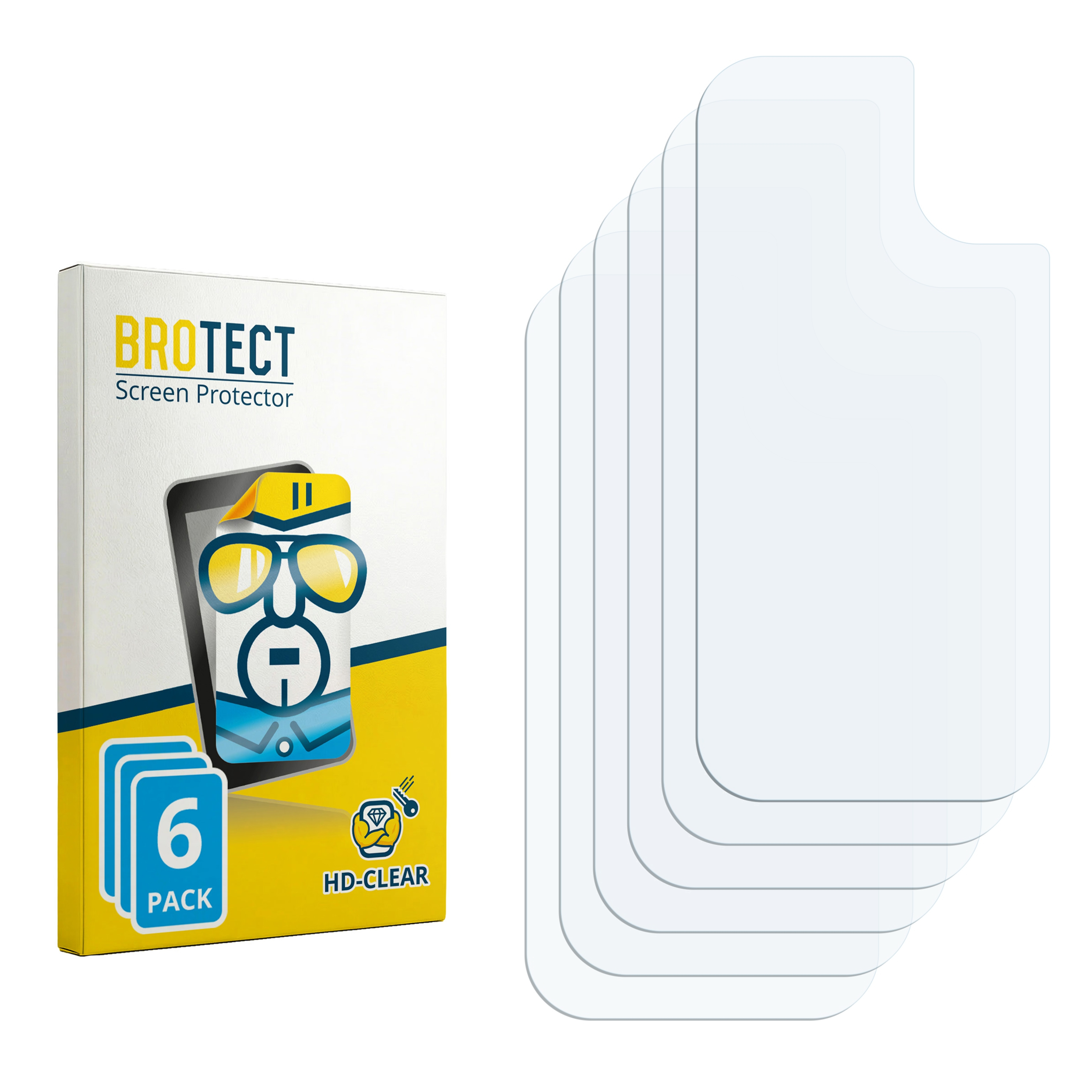 BROTECT Displayschutzfolie 6er-Pack in Verpackung mit fünf transparenten Folien daneben.