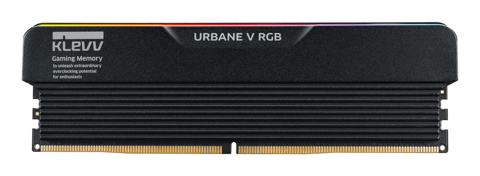 Modulo di memoria gaming KLEVV Urbane V RGB nero con dissipatore a coste e pin dorati.