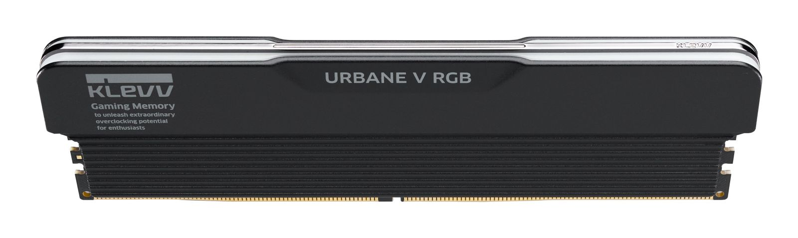 Un modulo di memoria RAM nero KLEVV URBANE V RGB su sfondo bianco.