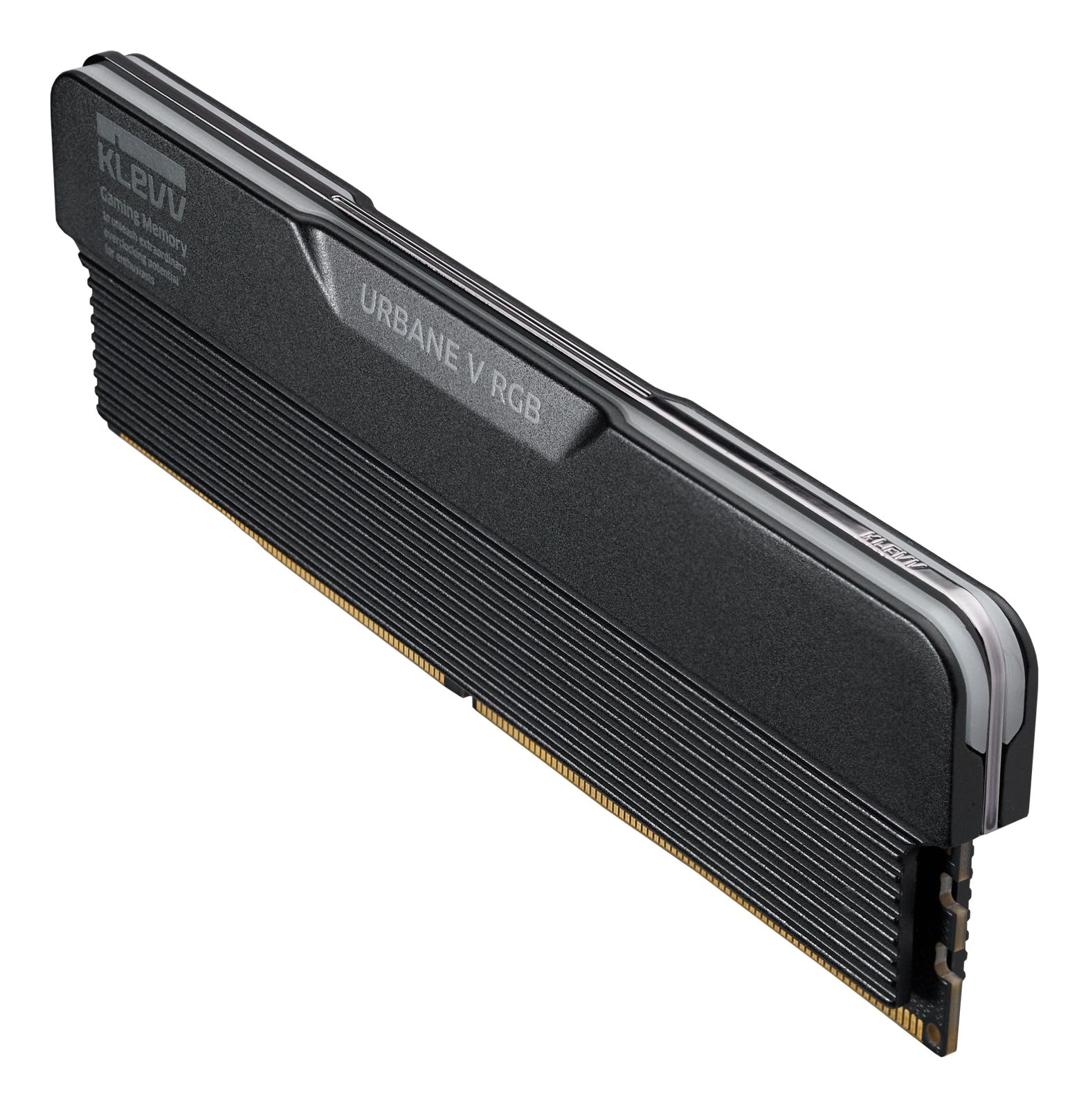 Modulo RAM nero KLEVV Urbane V RGB con dissipatore a coste su sfondo bianco.