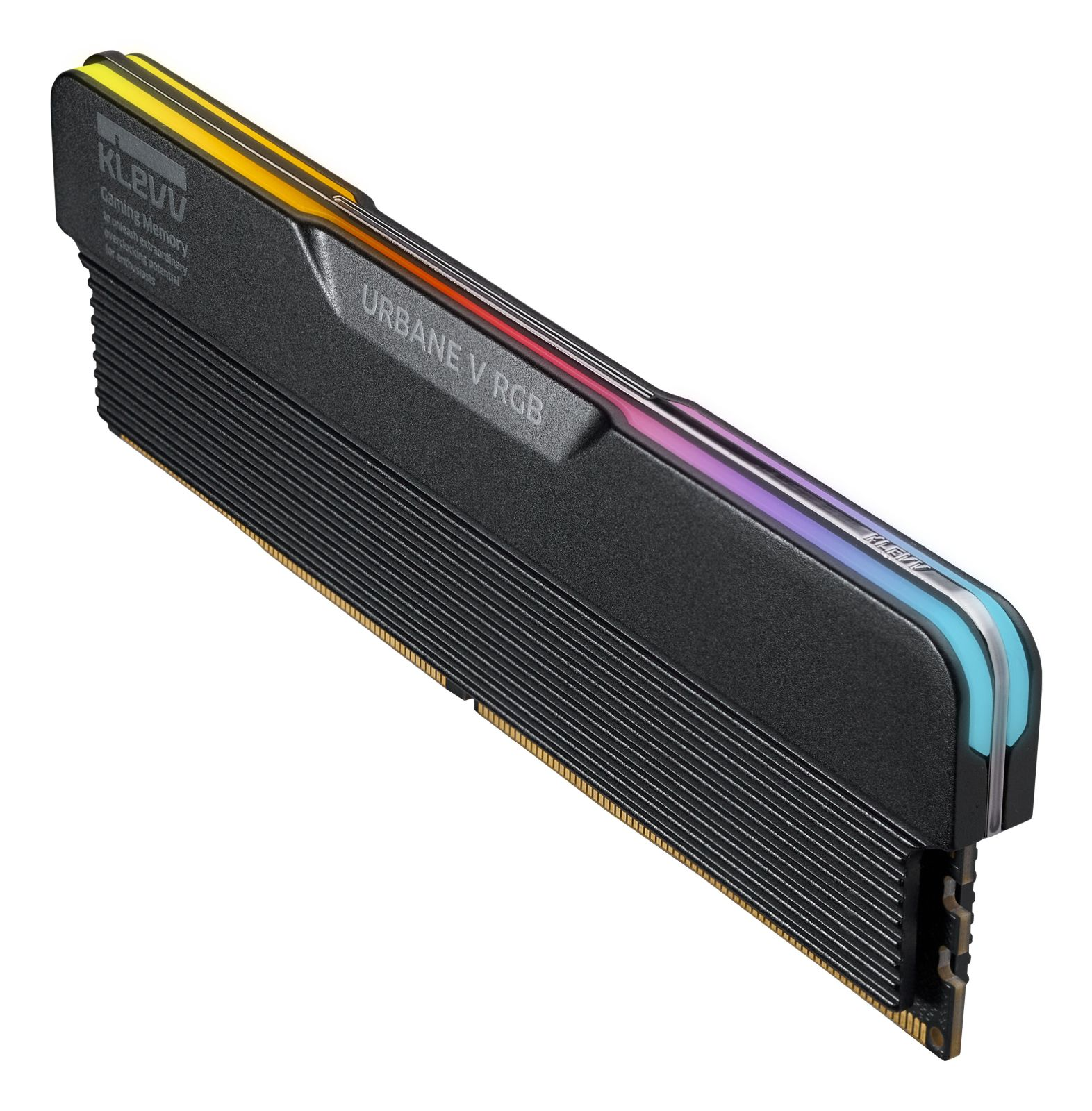 Un banco di RAM nero KLEVV Urbane V RGB con dissipatore e striscia luminosa su sfondo bianco.