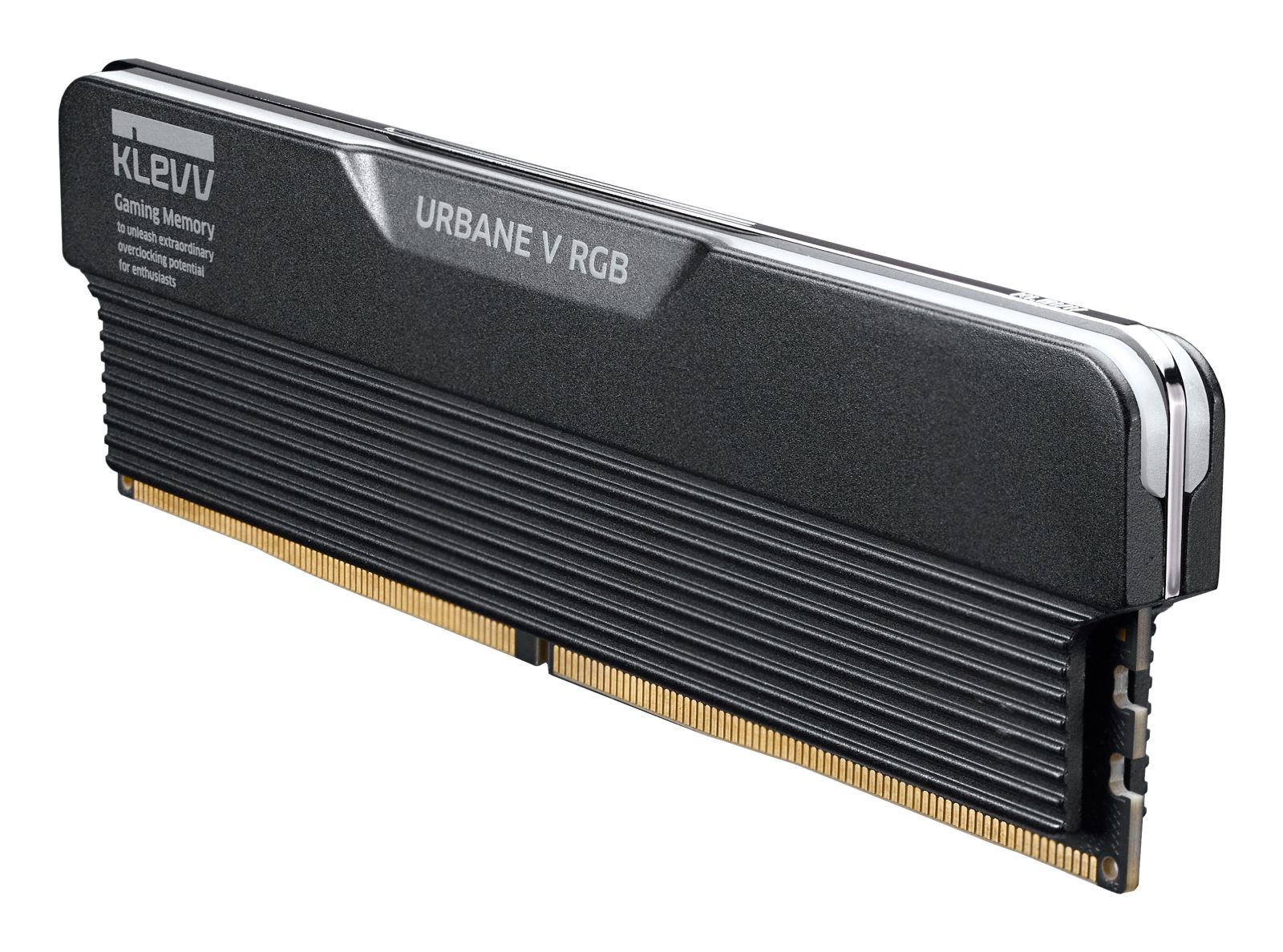 Un banco di memoria RAM KLEVV Urbane V RGB nero con testo argento e dissipatore a coste su sfondo bianco.