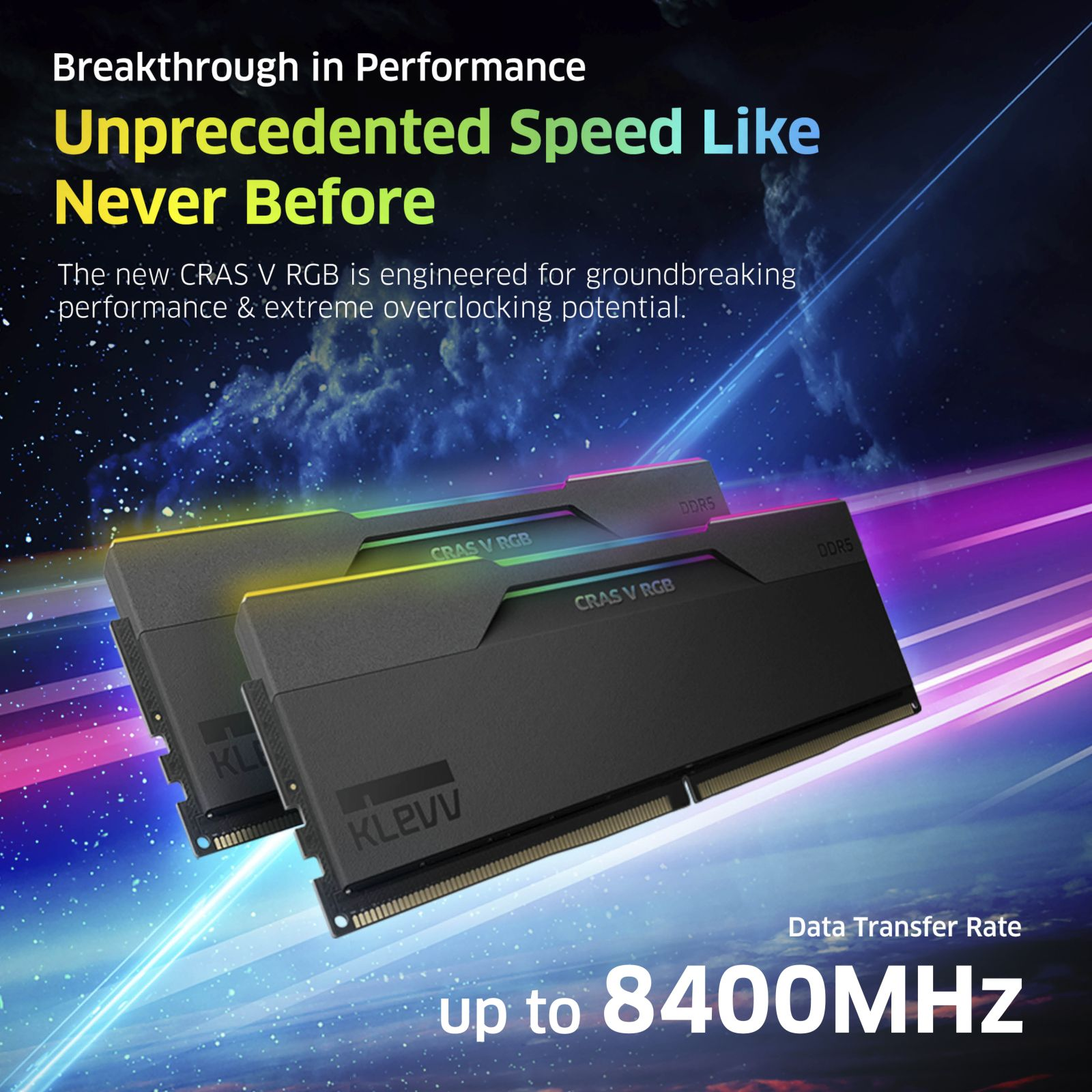 Due moduli RAM DDR5 KLEVV CRAS V RGB neri su sfondo cosmico con testo.